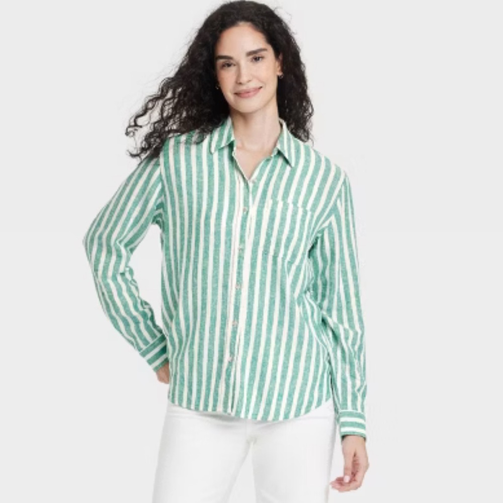 Green and White Striped Button-Up Shirt and Shorts Set - Picture 7 of 16